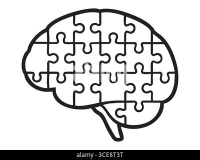 Black outline of brain shaped puzzle piece design isolated on white background. concept of mental health, intelligence, mind games, cognitive skills, Stock Vector