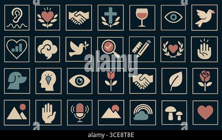Set of diverse flat square icons with various symbols isolated on white background. Concept of communication, nature, peace, creativity, love, faith, Stock Vector