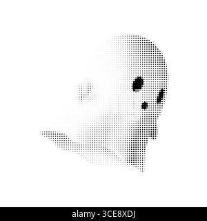 Scared ghost vector illustration in black and white halftone style. Retro cartoon character with shocked expression. Isolated Halloween design perfect Stock Vector