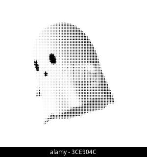 Side view ghost vector illustration in halftone black and white style. Minimal spooky character with neutral face. Isolated Halloween design for Stock Vector