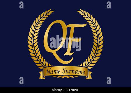 Initial letter Q and F, QF monogram logo design with laurel wreath. Luxury golden emblem with calligraphy font. Stock Vector