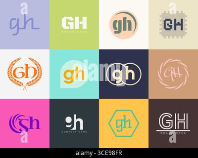 GH logo company template. Letter g and h logotype. Set different classic serif lettering and modern bold text with design elements. Initial font typog Stock Vector