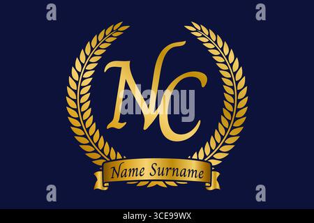 Initial letter N and C, NC monogram logo design with laurel wreath. Luxury golden emblem with calligraphy font. Stock Vector