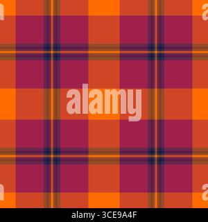 Vibrant tartan pattern featuring orange and magenta hues, crossed by thin blue and brown lines. Great for backgrounds, textiles, or abstract design co Stock Vector