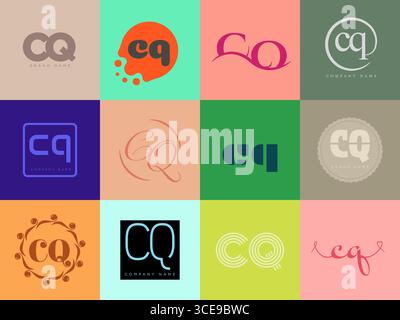 CQ logo company template. Letter c and q logotype. Set different classic serif lettering and modern bold text with design elements. Initial font typog Stock Vector