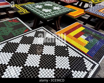 Colorful patterned outdoor table tops Stock Photo