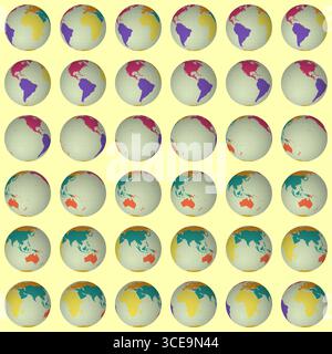 Collection of earth globes. Normal sphere view. Rotation step 10 degrees. Colored continents style. Stock Vector