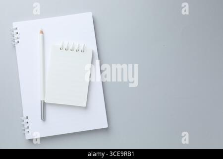 White notebooks and pencil on light grey background, top view. Space for text Stock Photo