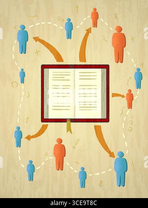 Group of different people sharing knowledge. Digital illustration. Stock Photo