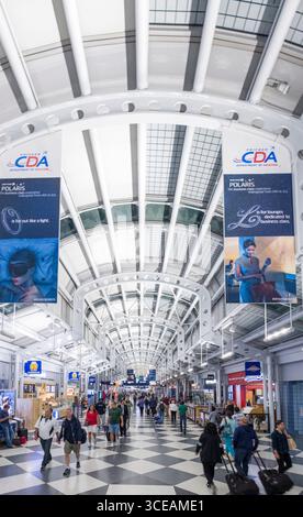 Passenger walking with luggage in Concourse C, Terminal 1, Chicago O'Hare International Airport, Cook County, Illinois, USA Stock Photo