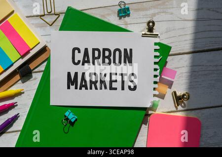 CARBON MARKETS. text on white paper near dollar bills. Stock Photo
