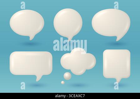 Vector 3d White Glossy Speech Bubble Set. Chat Callout and Thought Icons Isolated. Empty Message Balloon Collection. Blank Speech Bubbles for Comic Stock Vector