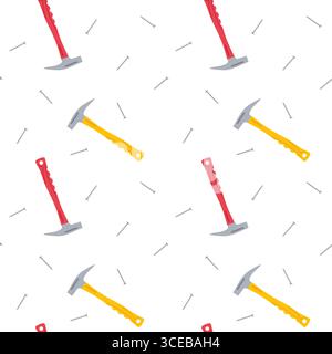 Colorful hammers and nails arranged in a repetitive pattern on a white background Stock Vector