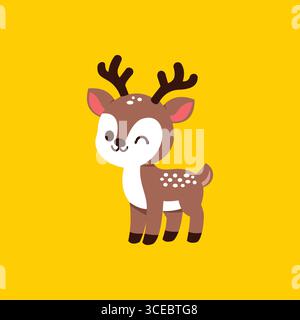 Happy Deer Cartoon Vector in brown, white and tropical pink on yellow background Stock Vector