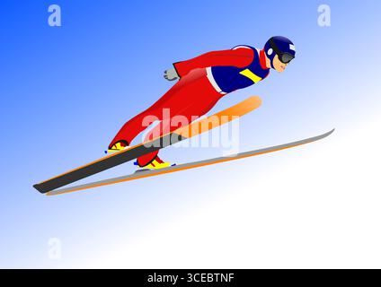 Ski Jumping Winter Sports. 3d vector color hand drawn illustration Stock Vector