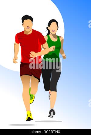 The running people. Vector 3d hand drawn  illustration Stock Vector