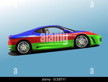 Super 3-colored Sport Car in side view. 3d vector hand drawn illustration Stock Vector