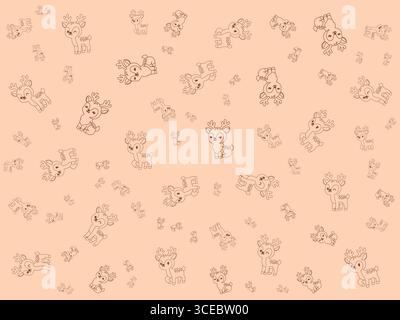 Deers Pattern in line style Vector in brown on soft brown background Stock Vector