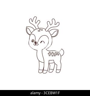 Happy Deer Line Style Vector in brown on white background Stock Vector
