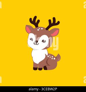Fun Deer Cartoon Vector in brown, white and tropical pink on yellow background Stock Vector