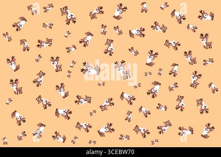 Deer Cartoon Pattern Vector in white, black and brown on soft orange background Stock Vector