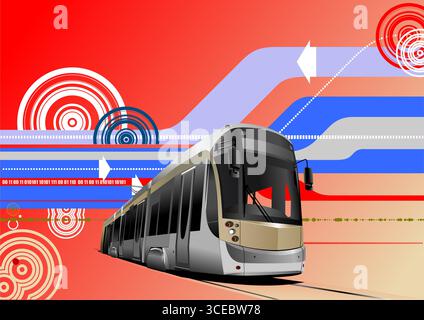 Abstract hi-tech color  background with tram image. 3d vector hand drawn Illustration Stock Vector