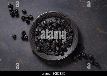 A plate of freshly picked blackberries Stock Photo