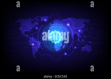 Abstract glowing world map with futuristic digital interface and global network connection design, vector illustration Stock Vector
