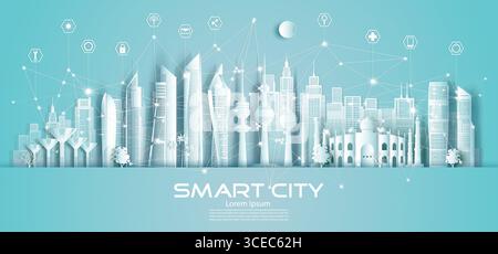 Technology wireless network communication smart city and icon with architecture in Kuwait downtown skyscraper on blue background, Vector illustration Stock Vector