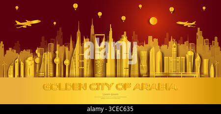 Travel golden city landmarks middle east architectural monuments of the world, Tourism with panoramic landscape paper art golden style for travel post Stock Vector