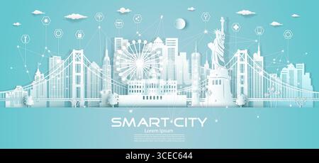Wireless icon network communication smart city with architecture in America downtown skyscraper on blue background, Technology modern city smart tech Stock Vector