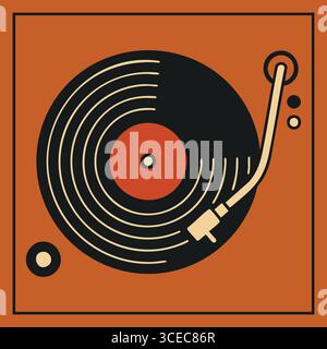Stylized top view of a record player spinning a black disc with a counterweight tonearm and simple dials inside a decorative frame. Stock Vector