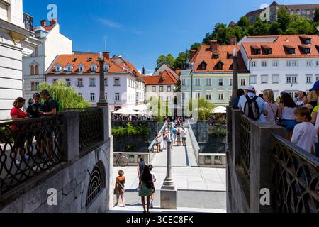 Ljubljana, Slovenia - August 15, 2019: View of the embankment of the Ljubljana River in Ljubljana Stock Photo
