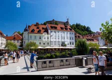 Ljubljana, Slovenia - August 15, 2019: View of the embankment of the Ljubljana River in Ljubljana Stock Photo