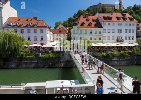 Ljubljana, Slovenia - August 15, 2019: View of the embankment of the Ljubljana River in Ljubljana Stock Photo