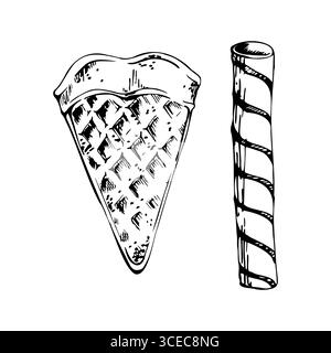 Waffle triangle piece, crispy pastry, rolled wafer biscuit with visible spiral lines. graphic illustration hand drawn in vector ink. Dessert garnish Stock Vector