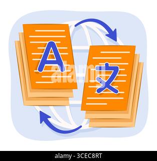 Document Symbols with Language Alphabets and Switching Arrows for Online Multilingual Translation Service Concept Illustration Clip Art Stock Vector