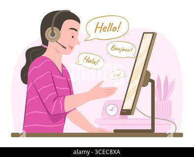 Female Interpreter doing Translate Language for Online Multilingual Translation Service Concept Illustration Stock Vector