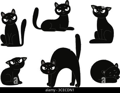 Cute Black Cat Collection. Isolated Funny Cartoon Pet on White Background. Vector illustration in flat style. Not AI Stock Vector