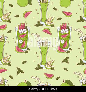 Seamless Pattern with Guava Drink on Green Background with tropical Pink, white Fruit slices and Mint leaves. Summer Refreshing Cocktail. Vector illus Stock Vector