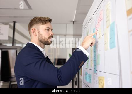 Serious young product owner man working on business plan Stock Photo