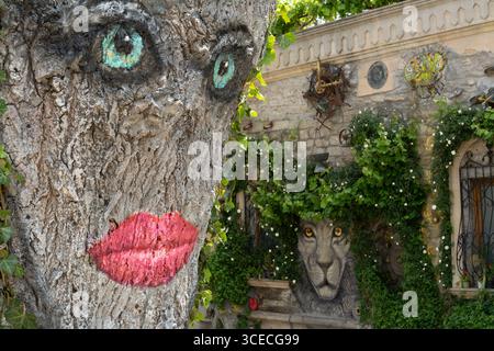 Paintings on the tree trunk and on the wall in the old town of Baku in Azerbaijan Stock Photo