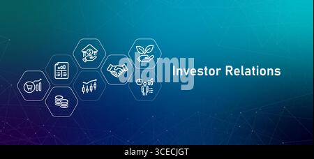Investor Relations header image graphic features icons related to finance and business report investment opportunity for stakeholders in public listed Stock Vector