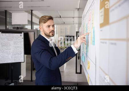 Serious young product manager man pointing at colorful sticky notes Stock Photo