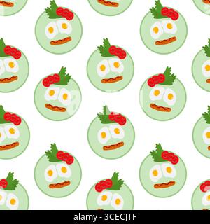 Fried Eggs and Grilled Sausage and Tomato slices and Greens on plate like Food Face Seamless Pattern. Isolated vector illustration Food Thematic or Menu Cards Backdrop Motivation poster, leaflets, tag Stock Vector