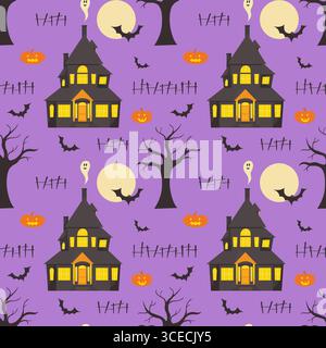 Halloween seamless pattern with haunted house and full moon with bats and pumpkins. Black silhouette of tree. Transparent design for wrapping paper or Stock Vector