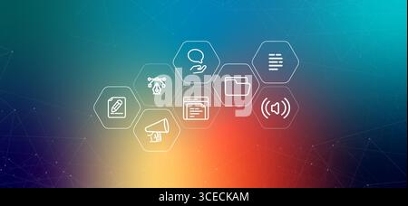Press Kit or Media page section web header illustration with icons related to media and public relations media assets press releases and contact Stock Vector