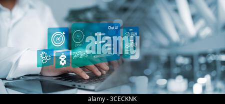 Conceptual image of AI technology with holographic icons of chatbot, machine learning, target, and data analysis above a laptop user, representing dig Stock Photo