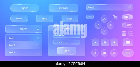 Glass ui elements. Round website buttons with icons, glassmorphism button user interface controls and web site layout elements. Vector modern glass Stock Vector