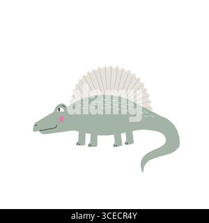 Cute green dinosaur isolated on white bacground. Cartoon funny character vector illustration. Hand drawn kids card Stock Vector